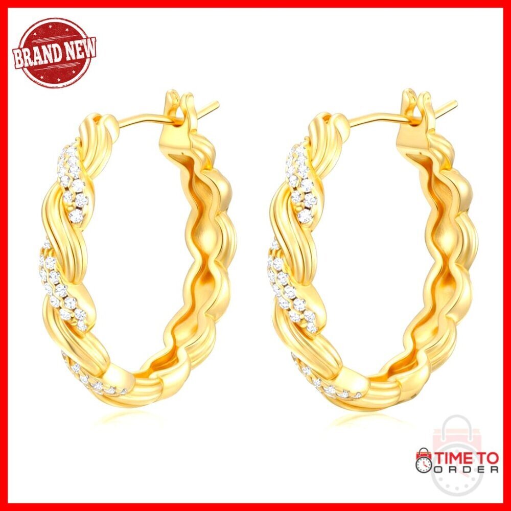 14K Gold Twisted Hoop Earrings 25mm with Cubic Zirconia Hinged Closure
